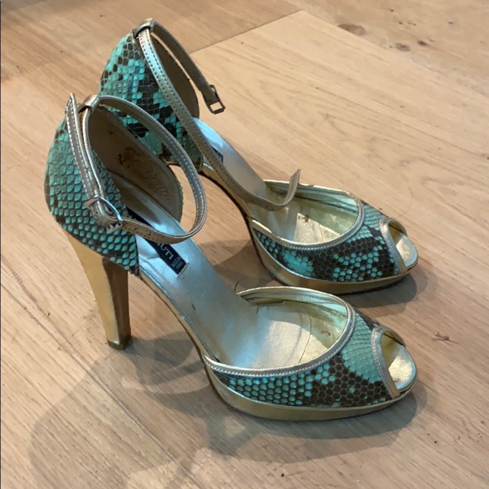 Claudia Ciuti Gold and turquoise snake skin high heeled sandals